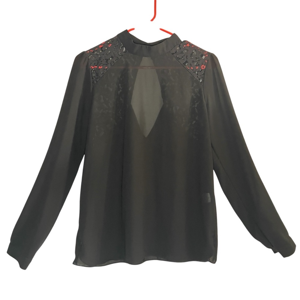 BCNU Women’s Sheer Lace Splice Long Sleeve Open Back High Neck Blouse